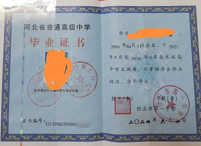 鹤岗任丘市第一中学高中毕业证样本图片